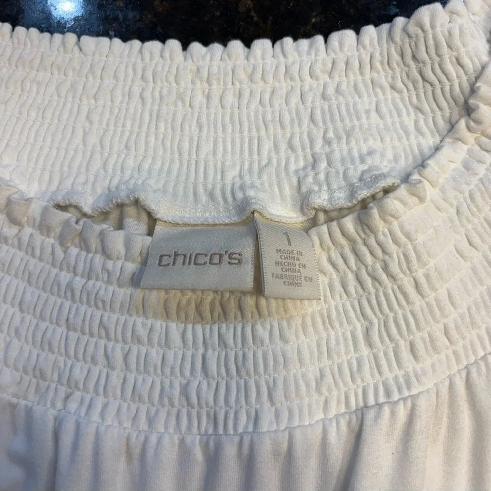 Chicos Women’s White Off Shoulder Boho Top Lace Fringe Trim Size 1 - Picture 2 of 4